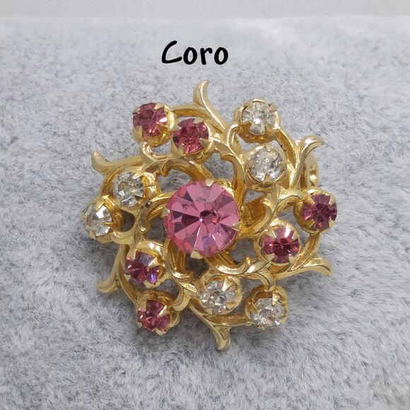 Coro Pink Rhinestone Brooch, Gold Plated Scatter Pin, 1940s Vintage Jewelry - Picture 1 of 10